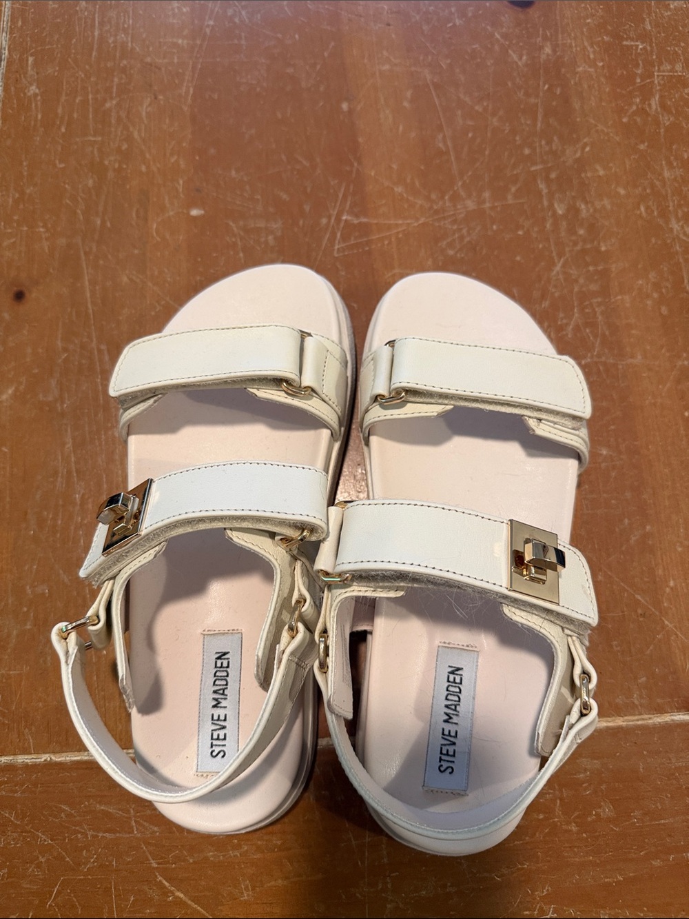 Steve Madden Cream Strappy Sandals with Gold Buckle Accents